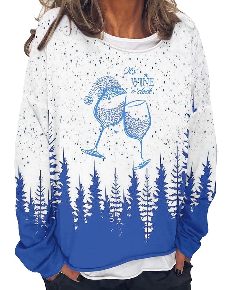 Snowman Merry Christmas Graphic Women Sweatshirt Cute Merry Xmas Long Sleeve Crewneck Shirt Blouse Pullover Top Wine Glass Bl...