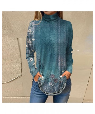 Women's T-Shirts Long Sleeve Printing Blouse Turtleneck Tunic Pullovers Vintage Loose Fit Tops Comfy Y2k Sweatshirts 3-turquo...