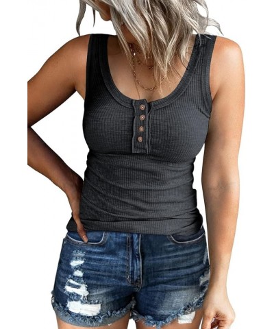 Women Tank Tops Summer Casual Ribbed Sleeveless Basic Cami Top Slim Henley Button Down Blouses Dark Grey $8.85 Tanks