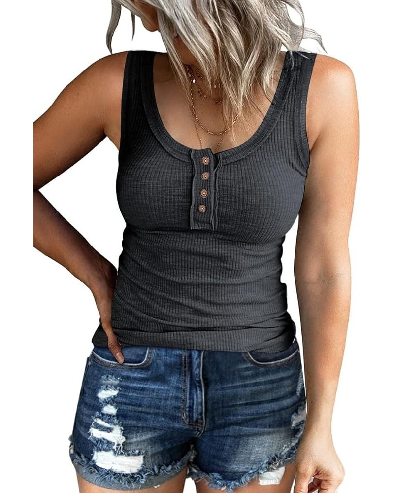 Women Tank Tops Summer Casual Ribbed Sleeveless Basic Cami Top Slim Henley Button Down Blouses Dark Grey $8.85 Tanks