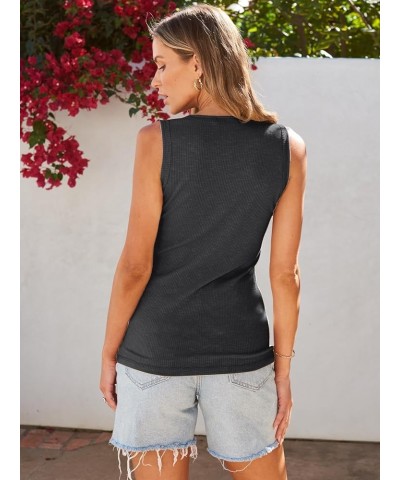 Women Tank Tops Summer Casual Ribbed Sleeveless Basic Cami Top Slim Henley Button Down Blouses Dark Grey $8.85 Tanks