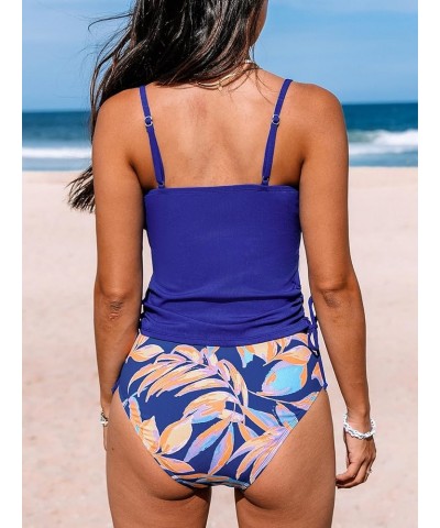 Women's Tankini Set Two Piece Swimsuit Ruched Drawstring Bathing Suits with High Waisted Bottom Rib Azure Blue Floral $19.00 ...