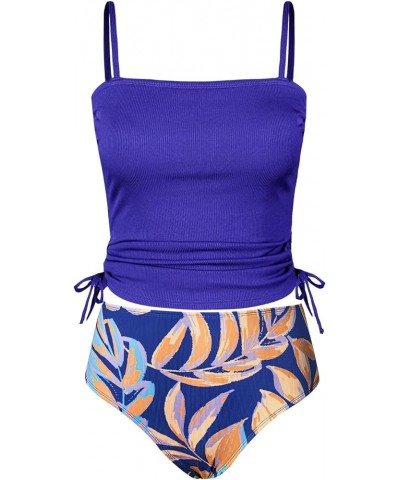 Women's Tankini Set Two Piece Swimsuit Ruched Drawstring Bathing Suits with High Waisted Bottom Rib Azure Blue Floral $19.00 ...