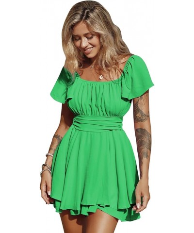 Women's 2024 Summer Ruffle Short Sleeve Tie Back Romper Dress Square Neck A-Line Cute Dressy Short Jumpsuits Green $25.84 Rom...