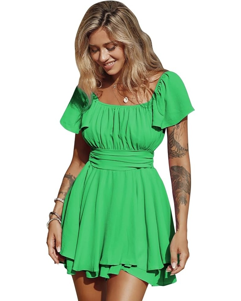 Women's 2024 Summer Ruffle Short Sleeve Tie Back Romper Dress Square Neck A-Line Cute Dressy Short Jumpsuits Green $25.84 Rom...