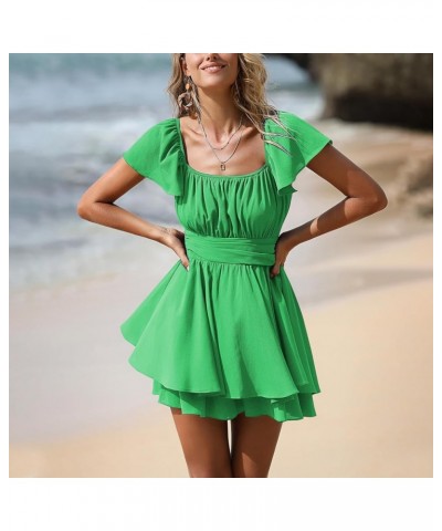 Women's 2024 Summer Ruffle Short Sleeve Tie Back Romper Dress Square Neck A-Line Cute Dressy Short Jumpsuits Green $25.84 Rom...