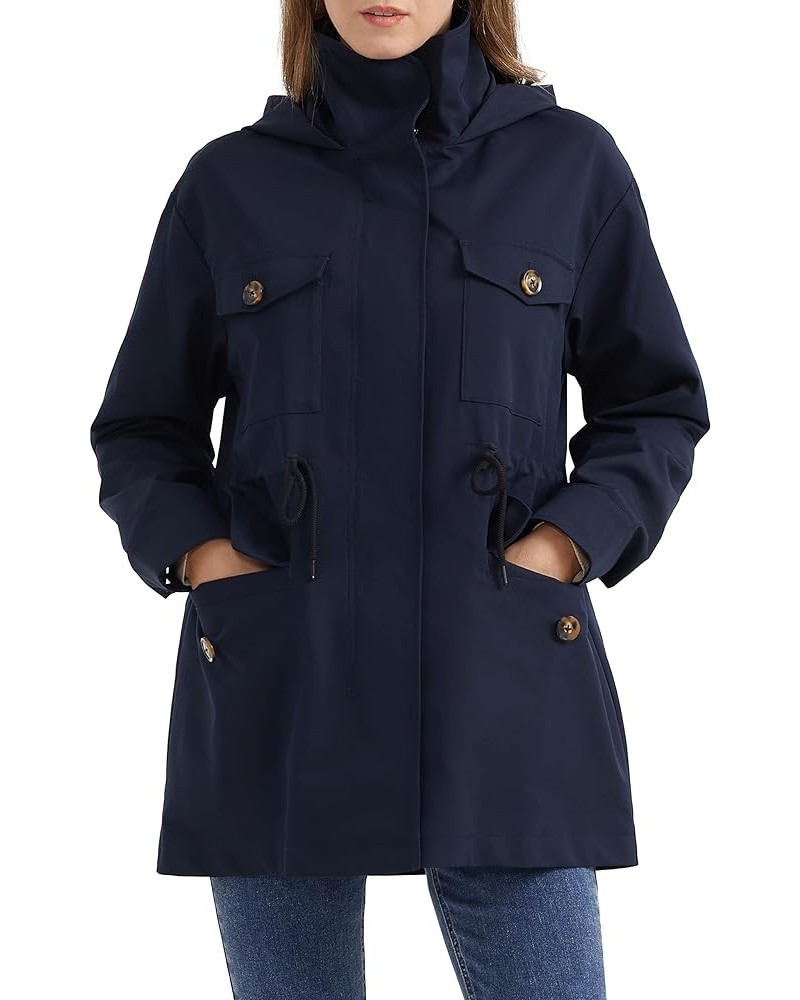 Women's Short Windproof Trench Coat Outdoor Lightweight Hooded Coat Navy $31.17 Jackets