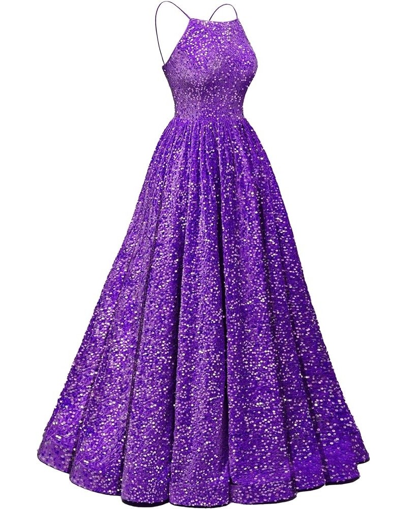 A Line Sequin 2024 Prom Dresses Long Spaghetti Straps Evening Dresses Sleeveless Formal Gowns for Women Purple $40.79 Dresses