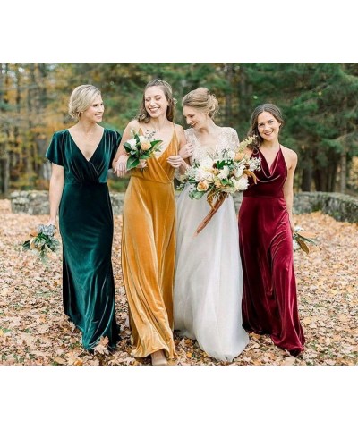 Flutter Sleeve Velvet Bridesmaids Dresses V Neck Women Wedding Long Bridesmaid Dresses for Fall Champagne $50.82 Dresses