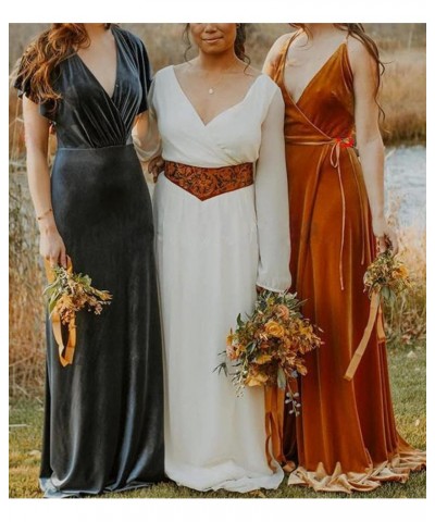 Flutter Sleeve Velvet Bridesmaids Dresses V Neck Women Wedding Long Bridesmaid Dresses for Fall Champagne $50.82 Dresses