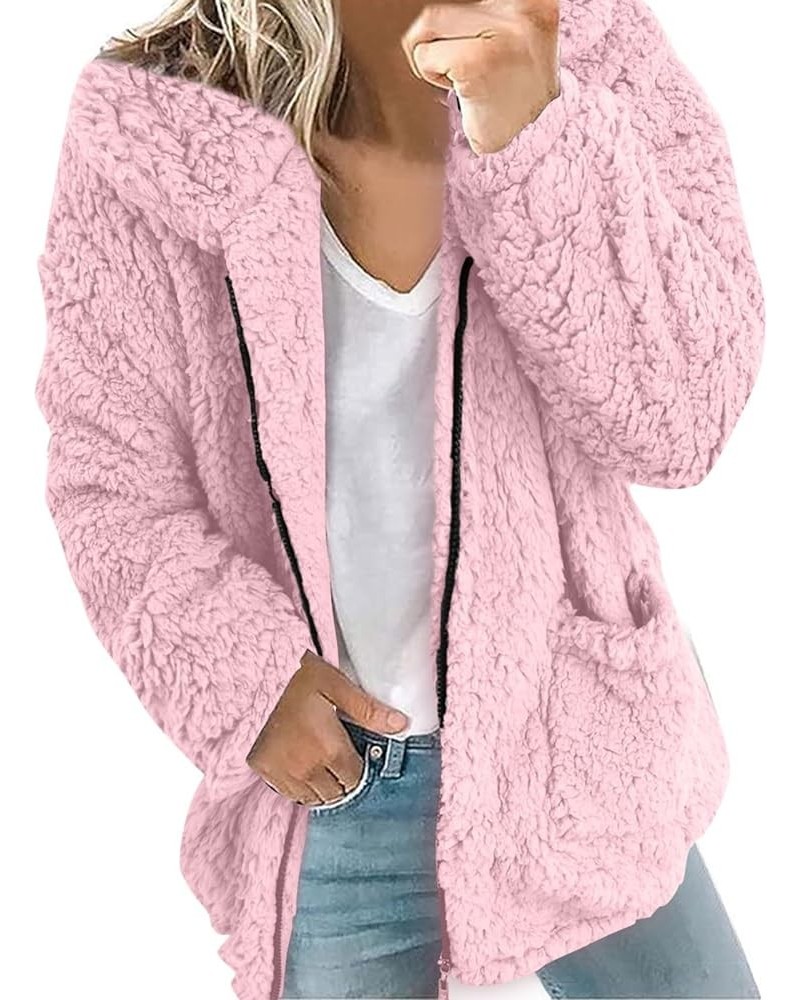 Womens Fuzzy Fleece Open Front Hooded Cardigan Jackets Sherpa Outerwear Coats Winter Coat for Women 2023 Trendy Z7-pink $10.0...