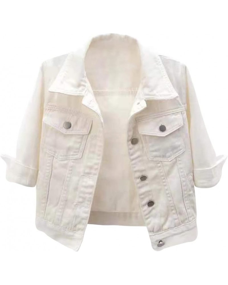 Womens 3/4 Sleeve Short Denim Jackets Button Closed Solid Color Jean Jacket Coat With Pockets A-white $15.07 Jackets