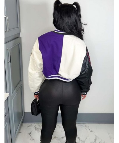 Women's Cropped Varsity Jacket Colorblock Letter Print Button Down Letterman Bomber Coat with Pockets Y2K Streetwear 03purple...