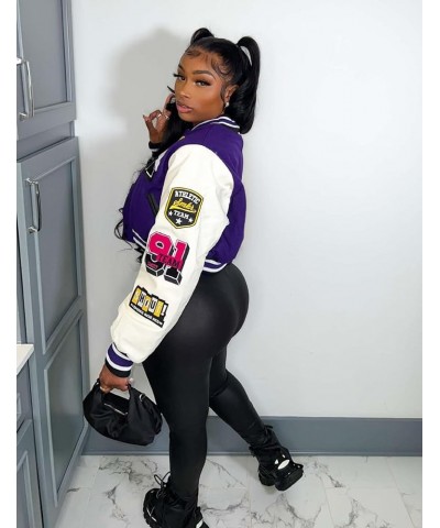 Women's Cropped Varsity Jacket Colorblock Letter Print Button Down Letterman Bomber Coat with Pockets Y2K Streetwear 03purple...