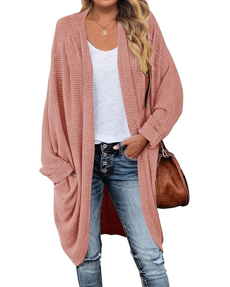 Women's 2024 Fall Waffle Knit Batwing Long Sleeve Cardigan Loose Open Front Sweater Coat Salmon $24.63 Sweaters