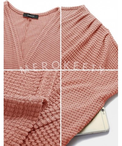 Women's 2024 Fall Waffle Knit Batwing Long Sleeve Cardigan Loose Open Front Sweater Coat Salmon $24.63 Sweaters