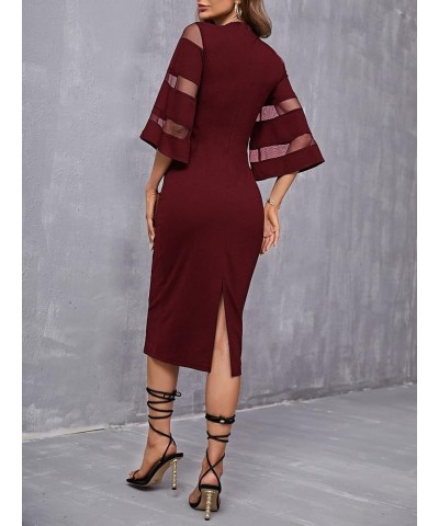 Women's Contrast Mesh Flounce Sleeve Mock Neck Bodycon Midi Dress Burgundy $22.05 Dresses