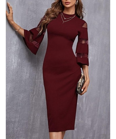 Women's Contrast Mesh Flounce Sleeve Mock Neck Bodycon Midi Dress Burgundy $22.05 Dresses