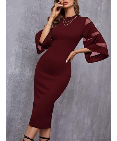 Women's Contrast Mesh Flounce Sleeve Mock Neck Bodycon Midi Dress Burgundy $22.05 Dresses