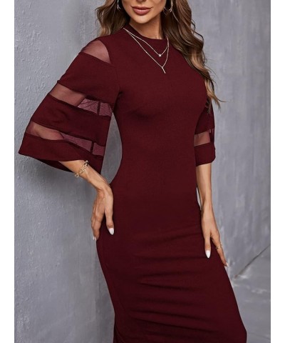 Women's Contrast Mesh Flounce Sleeve Mock Neck Bodycon Midi Dress Burgundy $22.05 Dresses