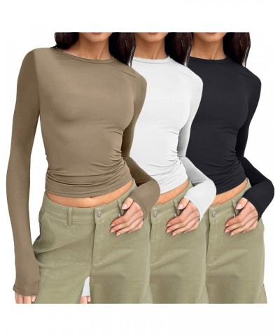 3 Pieces Women Solid Basic Crop Tops Shirts Going Out Spring Fashion Layer Slim Fit Y2k Long Sleeve Crew Neck Top $3pc-khaki ...