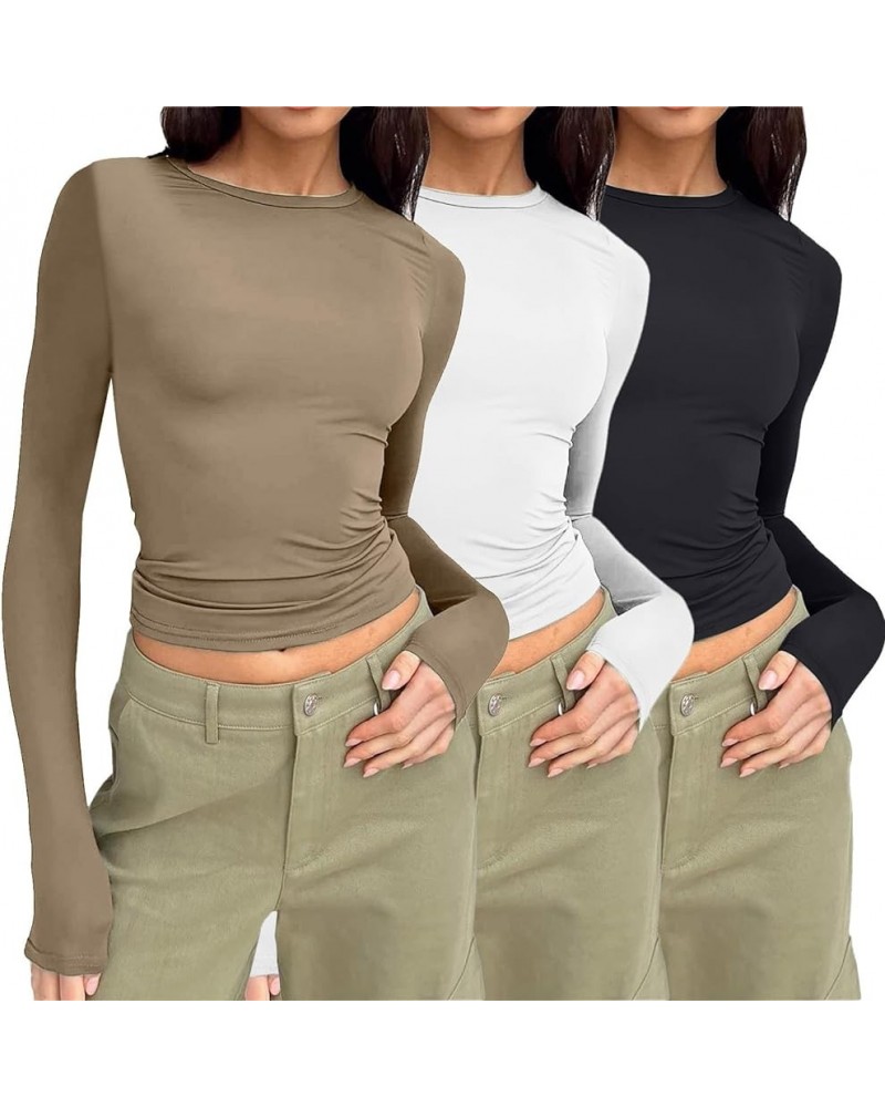 3 Pieces Women Solid Basic Crop Tops Shirts Going Out Spring Fashion Layer Slim Fit Y2k Long Sleeve Crew Neck Top $3pc-khaki ...