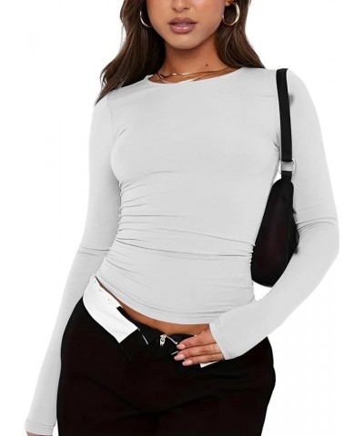 3 Pieces Women Solid Basic Crop Tops Shirts Going Out Spring Fashion Layer Slim Fit Y2k Long Sleeve Crew Neck Top $3pc-khaki ...