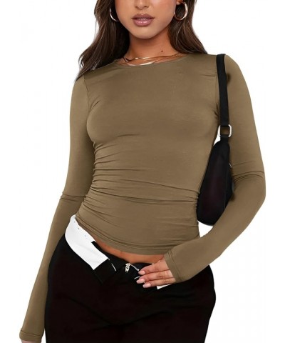 3 Pieces Women Solid Basic Crop Tops Shirts Going Out Spring Fashion Layer Slim Fit Y2k Long Sleeve Crew Neck Top $3pc-khaki ...