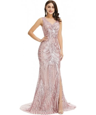 Women Pink Sequins Mermaid Sleeveless Evening Dress High Slit Party Prom Gowns Pink $58.75 Dresses