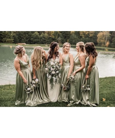 V Neck Bridesmaid Dresses Satin Long with Slit A-line Prom Dresses for Women Evening Party Gowns Plum $25.85 Dresses