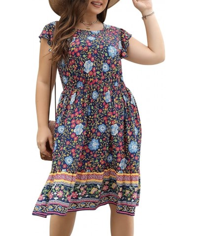 Dresses for Women, Plus Size Summer Casual Boho Floral Tiered Dress with Pocket 03 - Navy Blue Floral $17.10 Dresses