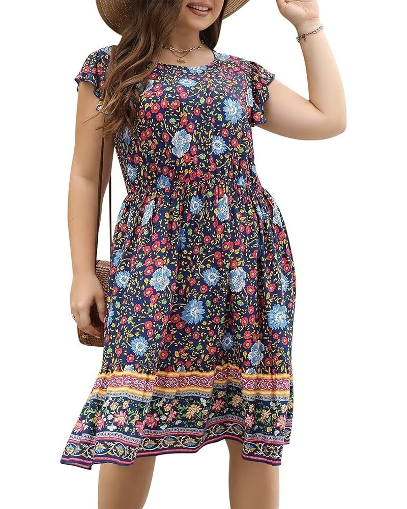 Dresses for Women, Plus Size Summer Casual Boho Floral Tiered Dress with Pocket 03 - Navy Blue Floral $17.10 Dresses