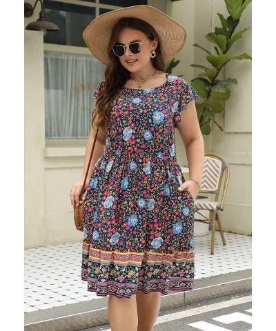 Dresses for Women, Plus Size Summer Casual Boho Floral Tiered Dress with Pocket 03 - Navy Blue Floral $17.10 Dresses