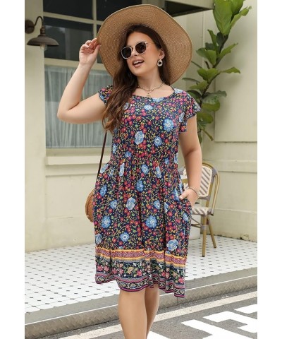 Dresses for Women, Plus Size Summer Casual Boho Floral Tiered Dress with Pocket 03 - Navy Blue Floral $17.10 Dresses