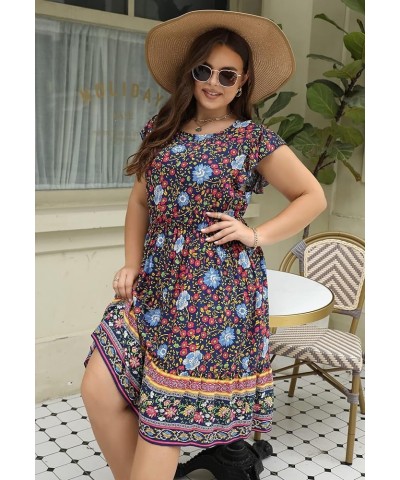 Dresses for Women, Plus Size Summer Casual Boho Floral Tiered Dress with Pocket 03 - Navy Blue Floral $17.10 Dresses