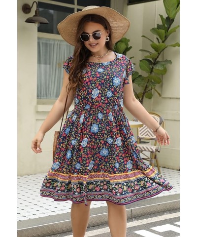 Dresses for Women, Plus Size Summer Casual Boho Floral Tiered Dress with Pocket 03 - Navy Blue Floral $17.10 Dresses