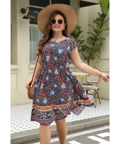 Dresses for Women, Plus Size Summer Casual Boho Floral Tiered Dress with Pocket 03 - Navy Blue Floral $17.10 Dresses