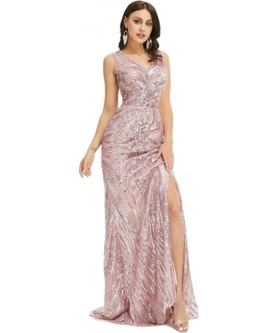 Women Pink Sequins Mermaid Sleeveless Evening Dress High Slit Party Prom Gowns Pink $58.75 Dresses