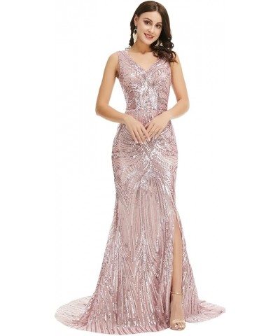 Women Pink Sequins Mermaid Sleeveless Evening Dress High Slit Party Prom Gowns Pink $58.75 Dresses