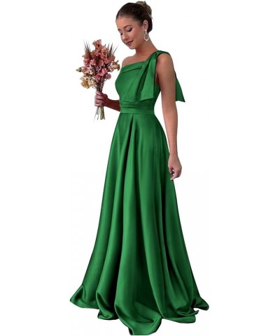 One Shoulder Satin Bridesmaid Dresses for Women Bow Strap Long Prom Evening Dress with Pockets Emerald Green $35.20 Dresses