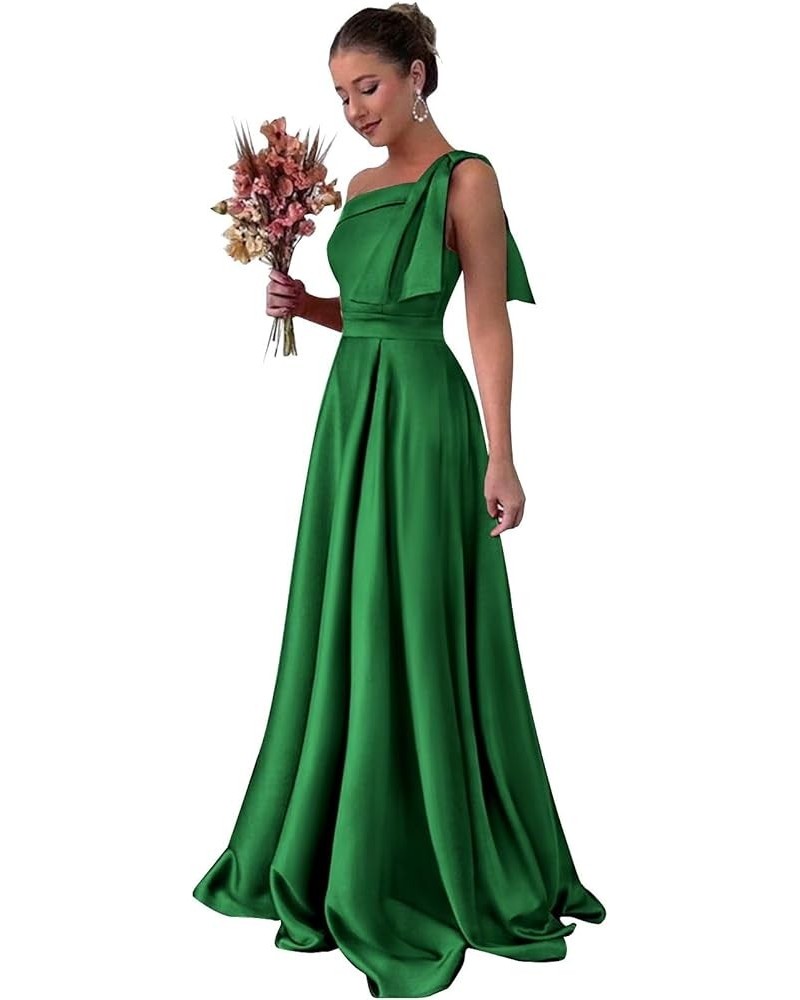 One Shoulder Satin Bridesmaid Dresses for Women Bow Strap Long Prom Evening Dress with Pockets Emerald Green $35.20 Dresses