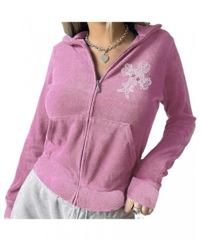 Y2k Zip Up Cropped Hoodie Womens Vintage Graphic Hooded Top Aesthetic Fairycore Sweatshirt Jacket with Pockets Y2k Pink $11.2...