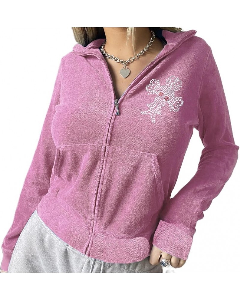 Y2k Zip Up Cropped Hoodie Womens Vintage Graphic Hooded Top Aesthetic Fairycore Sweatshirt Jacket with Pockets Y2k Pink $11.2...