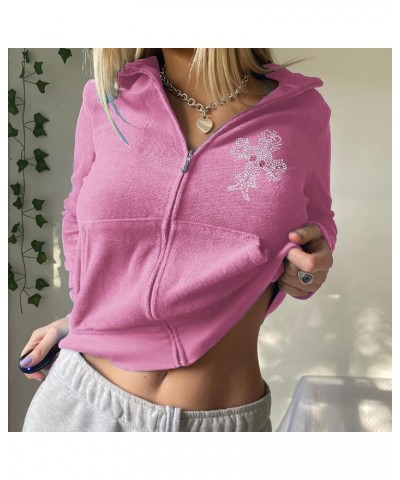 Y2k Zip Up Cropped Hoodie Womens Vintage Graphic Hooded Top Aesthetic Fairycore Sweatshirt Jacket with Pockets Y2k Pink $11.2...