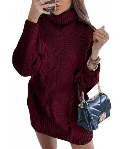 Women Fashion Sweater Short Dress Long Sleeve Turtleneck Oversized Fall Winter Soft Chunky Knit Pullover Sweaters Tassel Wine...