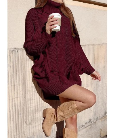 Women Fashion Sweater Short Dress Long Sleeve Turtleneck Oversized Fall Winter Soft Chunky Knit Pullover Sweaters Tassel Wine...