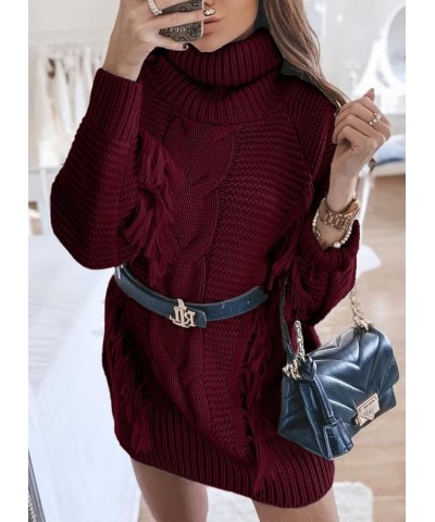 Women Fashion Sweater Short Dress Long Sleeve Turtleneck Oversized Fall Winter Soft Chunky Knit Pullover Sweaters Tassel Wine...