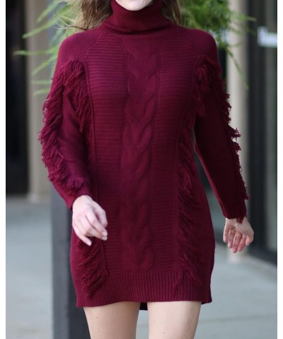 Women Fashion Sweater Short Dress Long Sleeve Turtleneck Oversized Fall Winter Soft Chunky Knit Pullover Sweaters Tassel Wine...