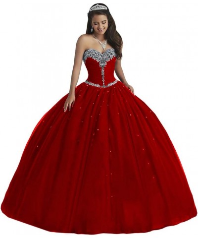 Women's Puffy Tulle Quinceanera Dresses Floor Lenght Crystal Evening Party Ball Gowns Red $61.16 Dresses