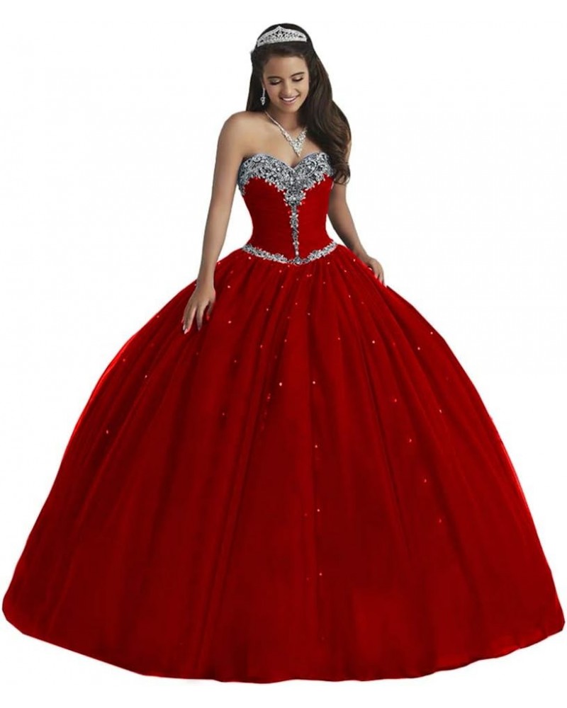 Women's Puffy Tulle Quinceanera Dresses Floor Lenght Crystal Evening Party Ball Gowns Red $61.16 Dresses